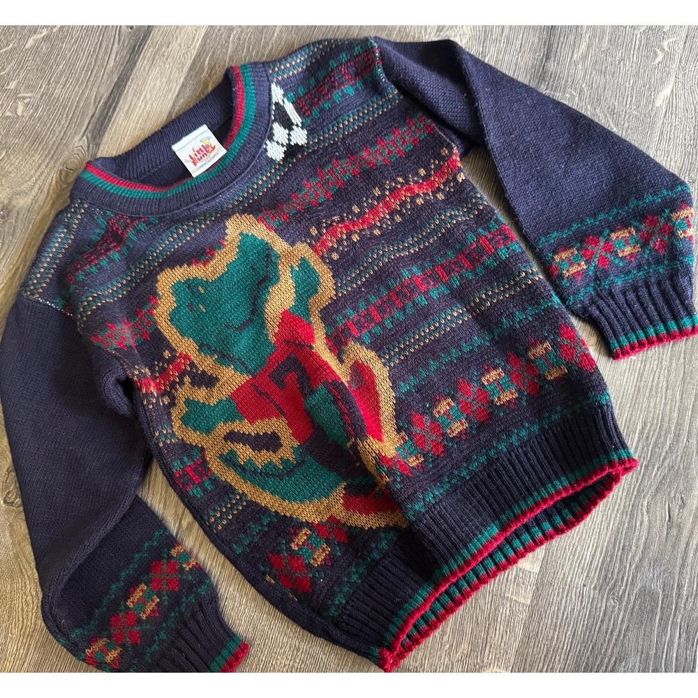 Rare vintage made in USA Little Fun boys sweater multicolor dinasour,acrylic 4/5